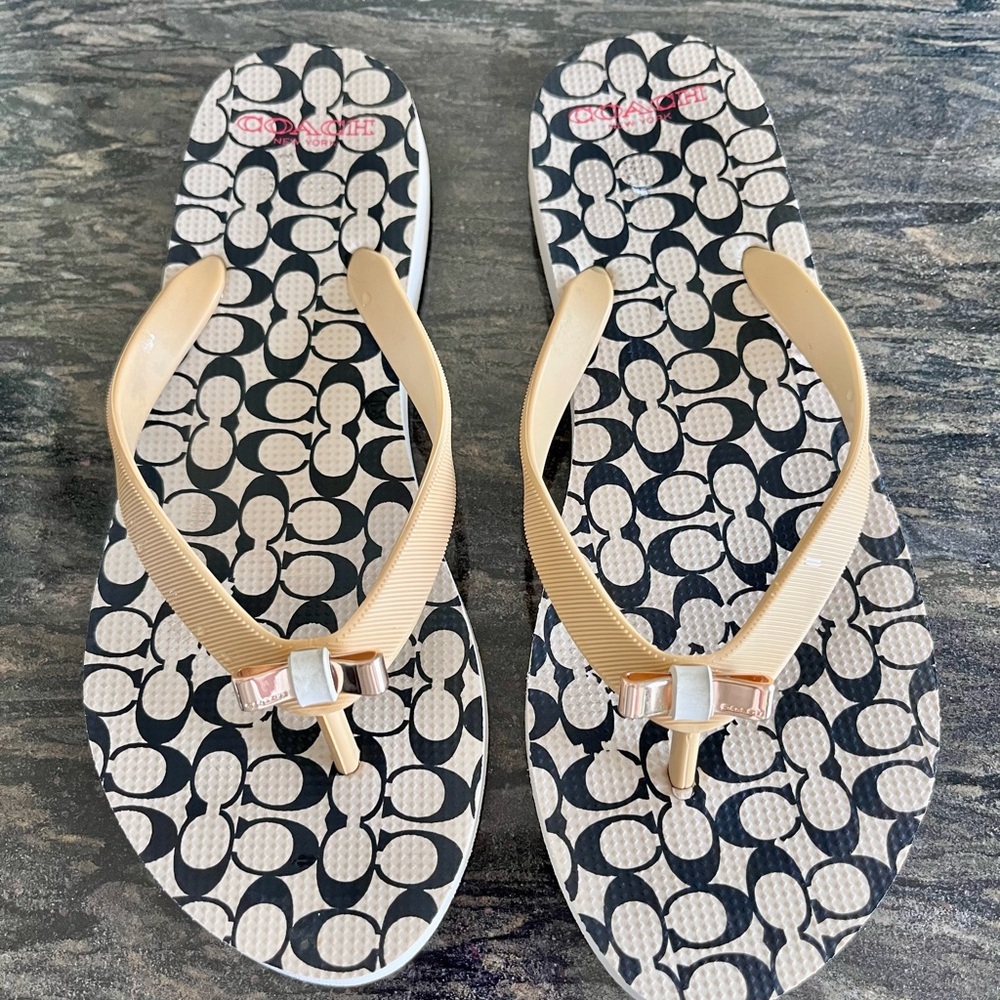 COACH Chic Black and Tan Flip Flops